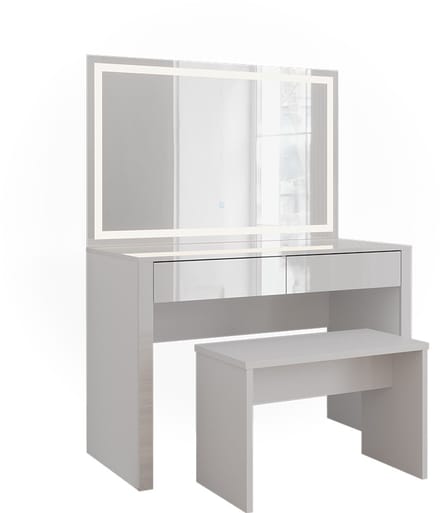 Vicco Kaptafel Annabelle, Wit Hoogglans/Wit, 110 cm met LED-spiegel en bankje