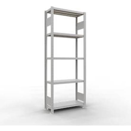 Schulte Lagertechnik MULTIplus 250 legbordstelling, basisrek, lengte grendel, 2000x750x300 mm, 5 legborden, lichtgrijs