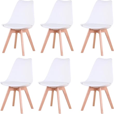 SteeFly® Luxe eetkamerstoelen - Set van 6 design stoelen - Ergonomisch design - Wit met hout onderstel - Zithoogte: 43cm
