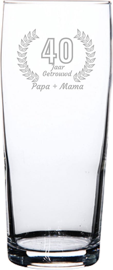 Gegraveerde bierfluitje 19cl Papa + mama 40 jaar getrouwd