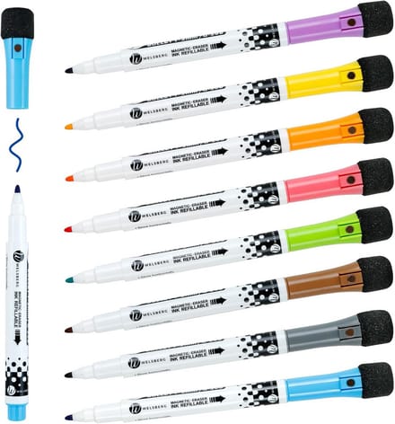 Set van 8 Magnetische Whiteboard Markers met Ingebouwde Spons Wisser en Ronde Punt