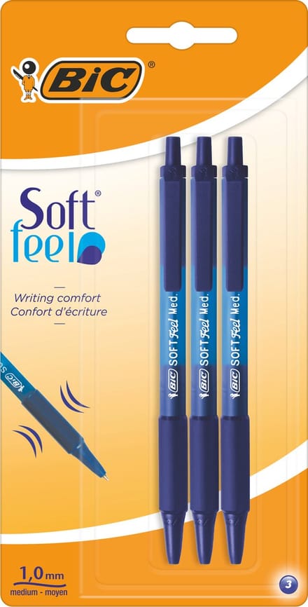 BIC Soft Feel Clic - Balpen - Blauw - 3 stuks - Medium punt 1 mm