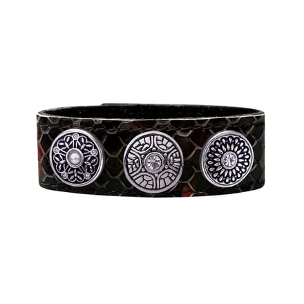 Quiges Dames Leren Armband Zwart met 3 Drukknopen Set 19.5 - 21.5cm - EBCMS337