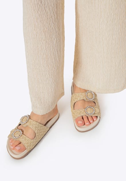 Wittchen - Dames Raffia Slippers - Beige - Glanzende Gespen - Platform