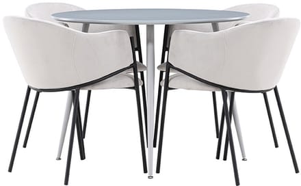 Plaza eethoek tafel Ø100cm en 4 velours stoelen met armleuningen grijs.
