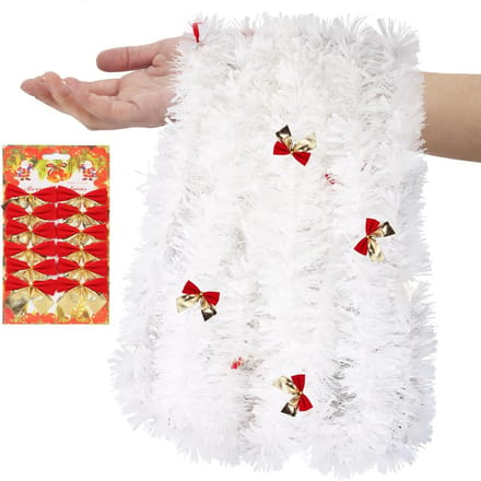 4 Stuks Witte Kerstslinger 2 Meter Lang - Dikke Metallic Lametta met Strikken en Sneeuwvlokken