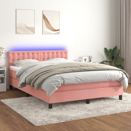 vidaXL - Boxspring - met - matras - en - LED - fluweel - roze - 140x200 - cm