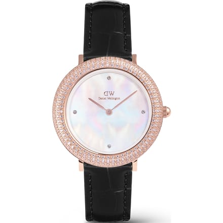 Daniel Wellington Crystalline Bezel Reading Quartz Analoog Horloge Zwart Kast Gemaakt Van 100% Roestvrij Staal En Een Armband Van 100% Leer 32 DW00100826, DW00100827