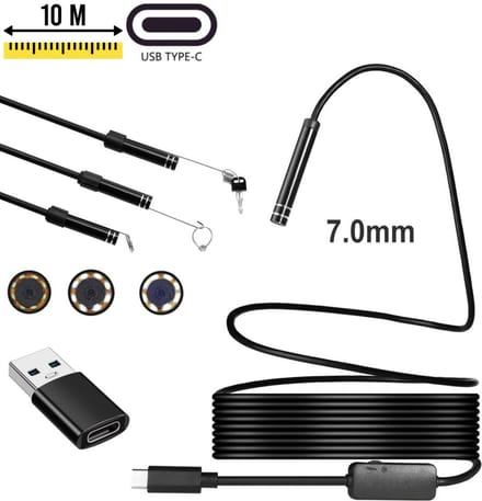 Endoscoop - Inspectiecamera USB - USB-C - Inspectiegereedschap - 7mm kop - flexibele HD - 10M kabel - waterproof - 6 LED Verlichting