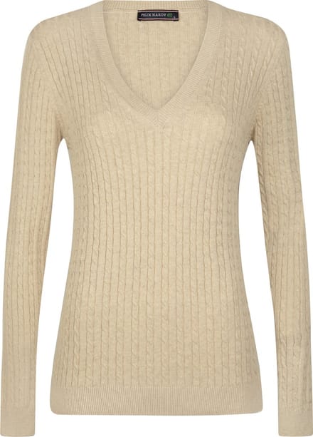 Felix Hardy V-Neck - V Trui - Kabeltrui - 100% Katoen Dames Beige - L