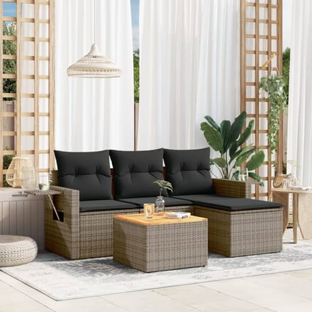 vidaXL - 5-delige - Loungeset - met - kussens - poly - rattan - grijs