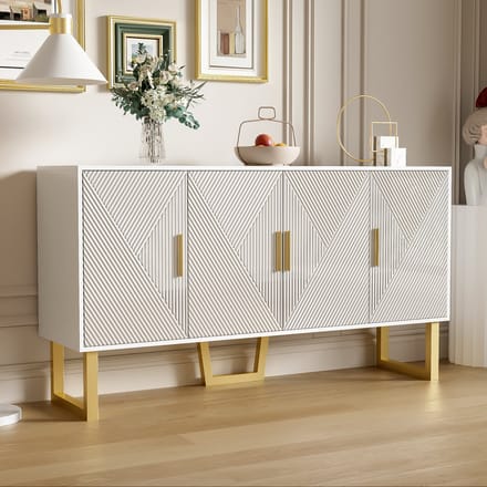 REDOM Sideboard 150 cm wit – modern luxe, hoogglans deuren met structuur, 4-deurs met verstelbare planken, matte gouden poten