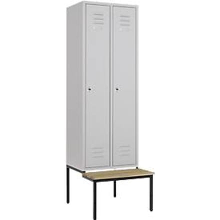 Kledinglocker, 2 compartimenten, 300 mm, draaigrendelslot, zitbank deur lichtgrijs