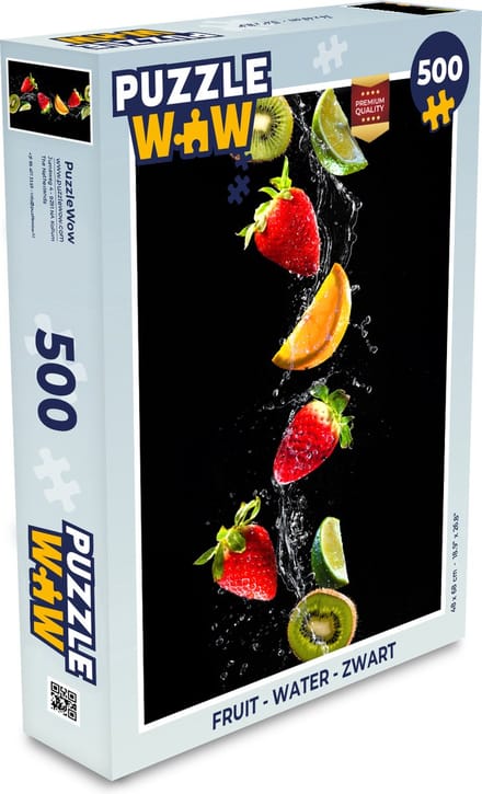 Puzzel Fruit - Water - Zwart - Stilleven Aardbei - Kiwi - Legpuzzel - Puzzel 500 stukjes