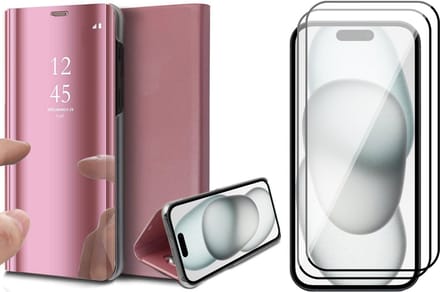Hoesje geschikt voor iPhone 15 - 2x Screen Protector FullGuard - Book Case Spiegel Roségoud & Screenprotector