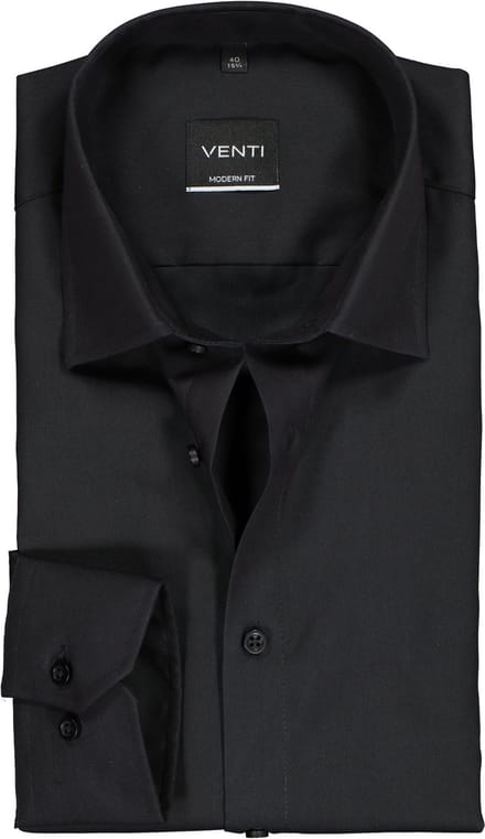 VENTI modern fit overhemd - mouwlengte 7 - zwart - Strijkvrij - Boordmaat: 41