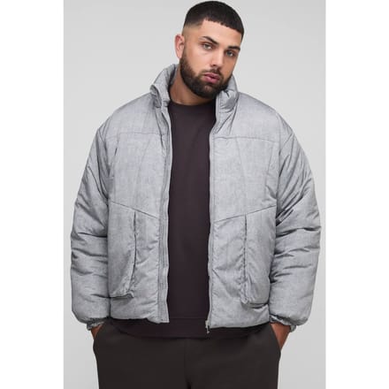 Plus Oversized Fit Gewassen Nylon Gevoerde Funnel Neck Puffer Jas | Grey | Size 2XL