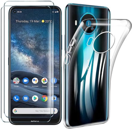 Hoesje Geschikt voor: Nokia 8.3 - Transparant TPU Siliconen Case & 2X Tempered Glas Combi - Transparant