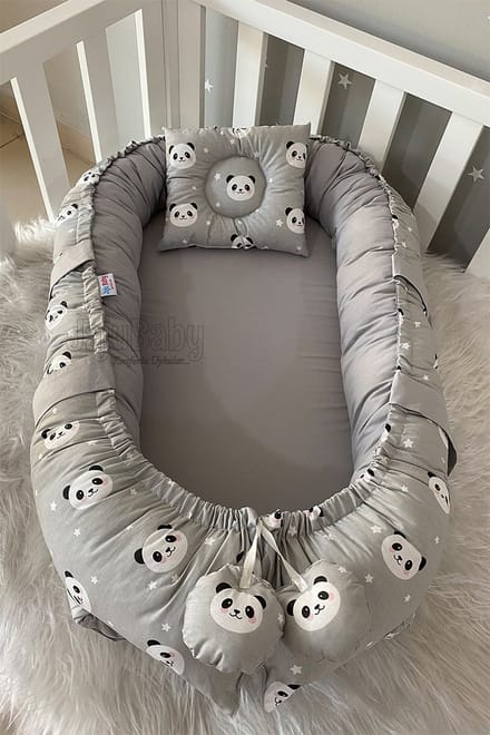 Babynestje en Hoofdkussen- Grijs en Panda Patroon - 74 x 40 cm