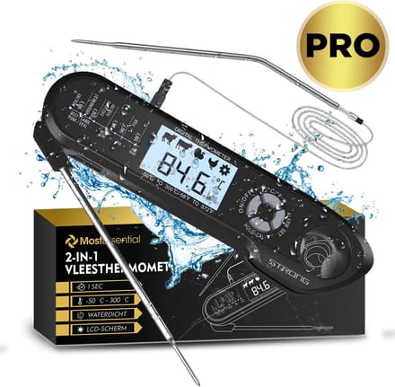 MostEssential 2-in-1 Vleesthermometer PRO Edition – Digitale Kernthermometer met Uitklapsonde & Losse Kabelsonde met Alarm - BBQ & Oventhermometer - Waterdicht IP67