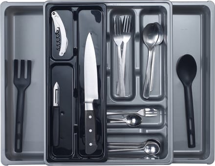 Bestekbak/keuken organizer - 9 tot 11 vaks - grijs - uitschuifbaar