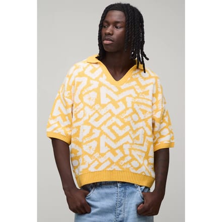 Oversized Boxy Polo Met Abstract Jacquard Breipatroon | Yellow | Size Large
