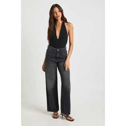 boohoo Dames Basics Hoge Taille Wijde Pijpen Jeans | Washed Black | Maat: 14/32L