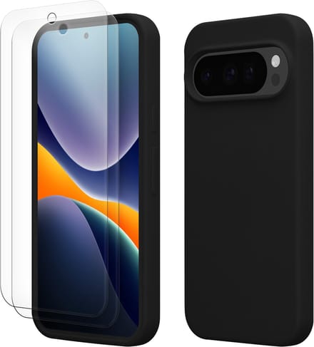 kwmobile hoes met 2x screenprotectors voor Google Pixel 9 / Pixel 9 Pro – screenprotector van gehard glas – draadloos opladen – zwart