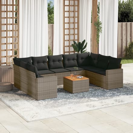 vidaXL - 10-delige - Loungeset - met - kussens - poly - rattan - grijs