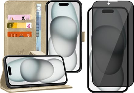 Hoesje geschikt voor iPhone 15 - Privacy Screen Protector FullGuard - Book Case Kunstleer Pasjeshouder Goud & Screenprotector