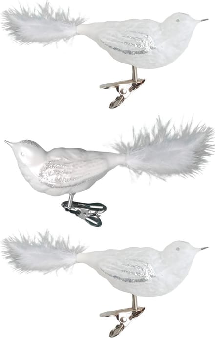 Krebs Decoratie vogels - 3x - wit - 11 cm - op clip - glas - kerstboomversiering