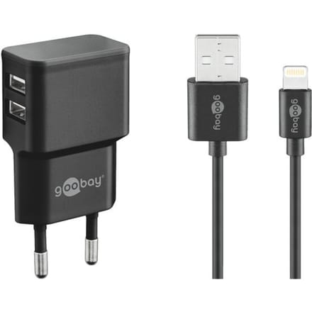 Goobay Lightning dubbele oplaadset van 12 W met 1 m kabel, zwart