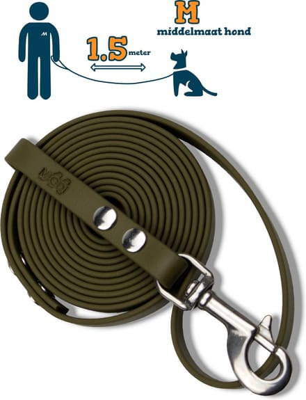 Miqdi hondenriem - BioThane® – olijfgroen – 1.5 meter lang – 13mm breed – M – middelmaat hond