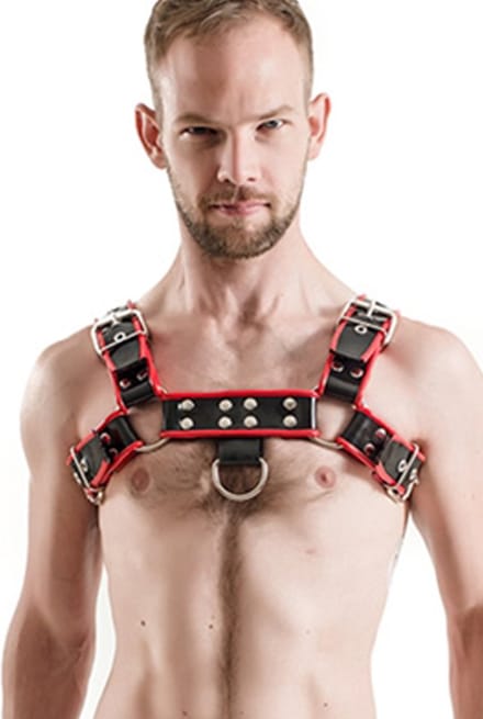Mister B rubber borstharnas - zwart - rood - S/M