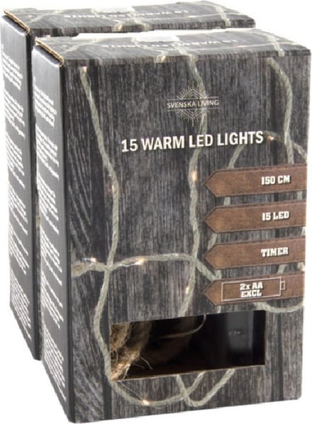 Svenska Living touwverlichting - 2x - met 15 micro leds - batterij- 150 cm