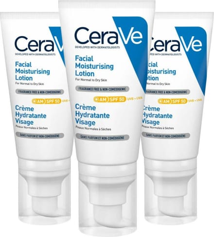CeraVe - Hydraterende Gezichtscrème SPF 50 - 3 x 52 ml - Voordeelverpakking
