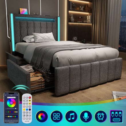 Zubaliya Polsterbed - 90x200 cm Grijs - USB-C & LED - 2 Laden