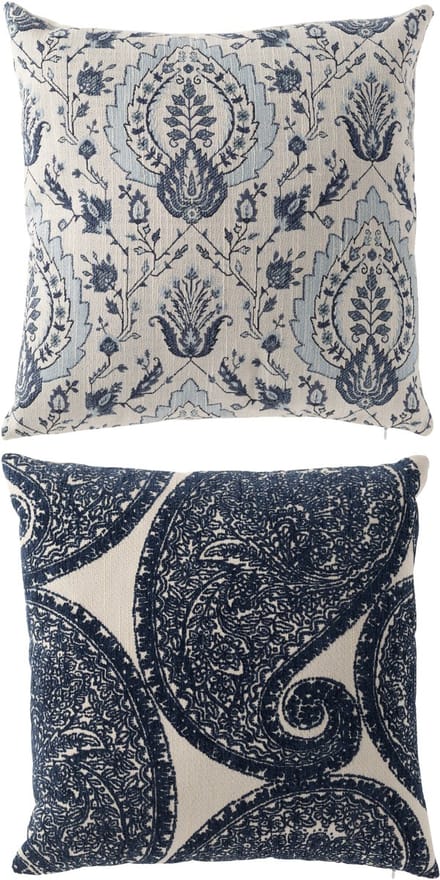 J-Line kussen Bloemenprint Vierkant - polyester - blauw/wit - set van 2