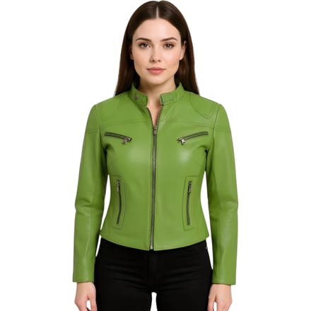 Dames Groen Casual Slim-Fit Leren Bikerjack - Tulsa