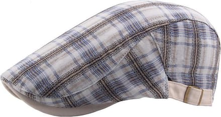 Flatcap wit met blauw/beige geruit - Platte pet - Verstelbaar