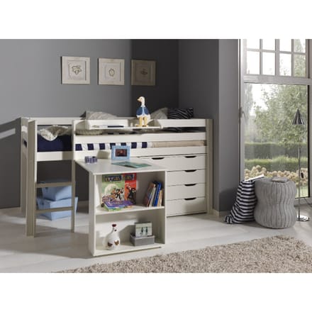 LUCEVI - Pino Halfhoogslaper + Ladder + Bureau + Commode 4 laden + Hangplank - Wit - 90x200 cm