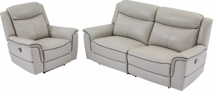 Vente-unique Elektrische driezitsrelaxbank en -fauteuil van lichtgrijs leer ADELIO