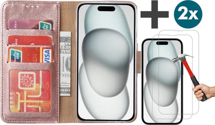 Hoesje met 2 Stuks Screenprotectors Geschikt voor iPhone 15 – Arara bookcase met pasjeshouder - Rosegoud
