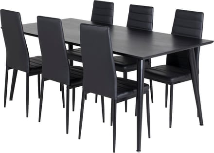 Dipp180x90BLBL eethoek eetkamertafel zwart en 6 Slim High Back eetkamerstal PU kunstleer zwart.