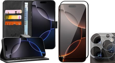 Hoesje geschikt voor iPhone 16 Pro - Screenprotector Volledig Dekkend Glas & Camera - Portemonnee Book Case Zwart
