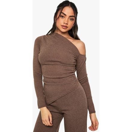 boohoo Dames Rib Asym Halslijn Geraffelde Langmouw Top | Chocolate | Maat: 10