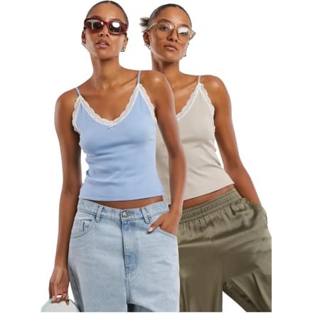 Urban Classics - VNeck Lace Mouwloze top - M - Grijs/Blauw