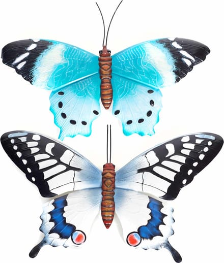 Vlinders - 2x - metaal 48 x 30 cm - blauw/wit-blauw