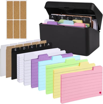 Index Box - 14.5x8x9.2 cm Zwart - met 230 Kaarten, 15 Tabs, 6 Ringen, Stickers