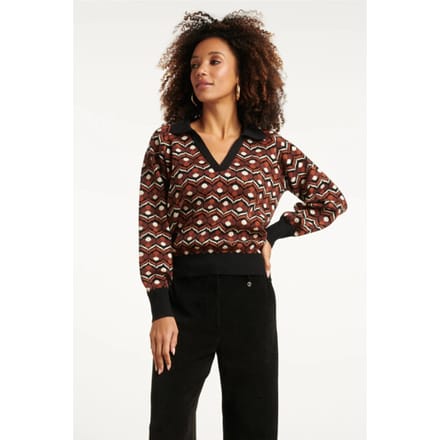 Smashed Lemon Retro gebreide top in bruin en zwart met v-hals en kraag |